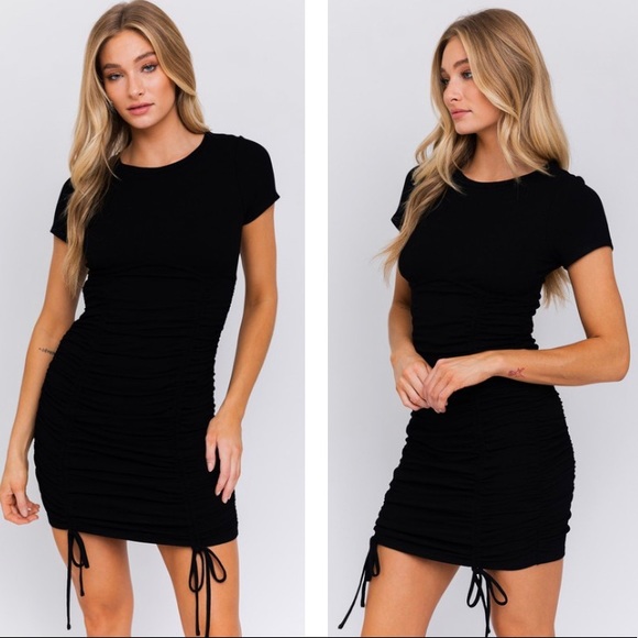 Black Short Sleeve Bodycon Ruched Mini Dress - Picture 2 of 6